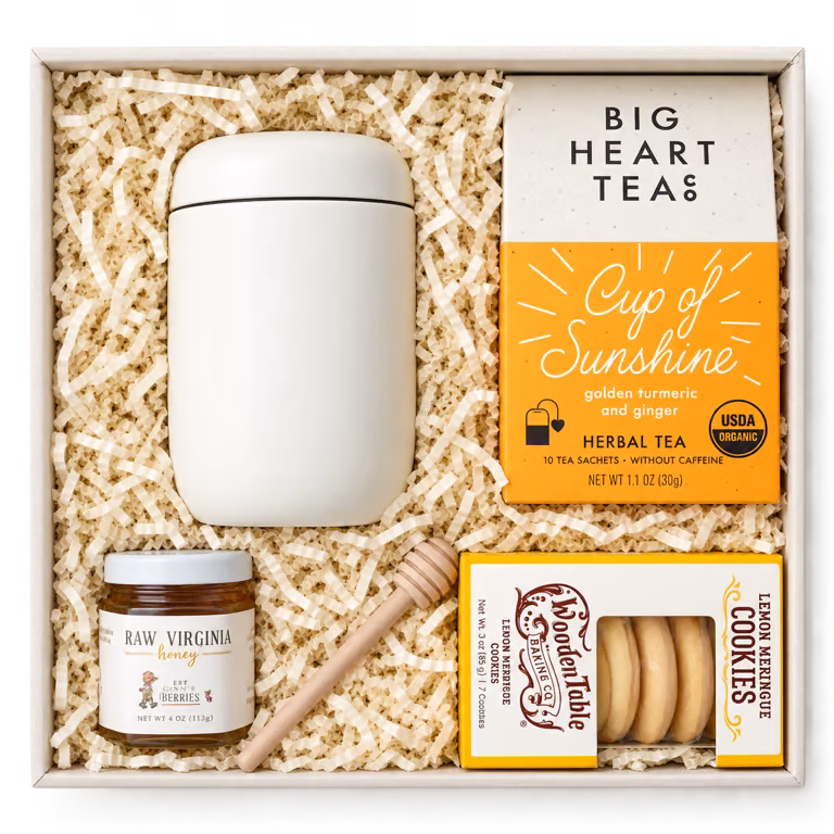 Gift box with a tumbler, Big Heart Tea, raw Virginia honey, a honey dipper and cookies